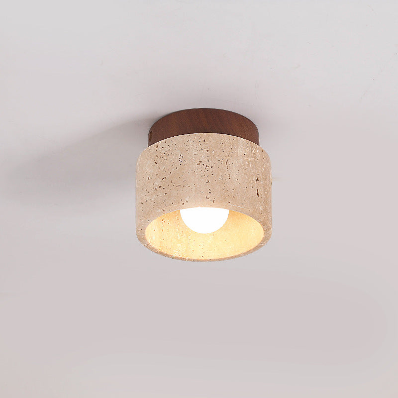 Japanese Wabi-Sabi Yellow Travertine Wood Column 1-Light Semi-Flush Ceiling Fixture