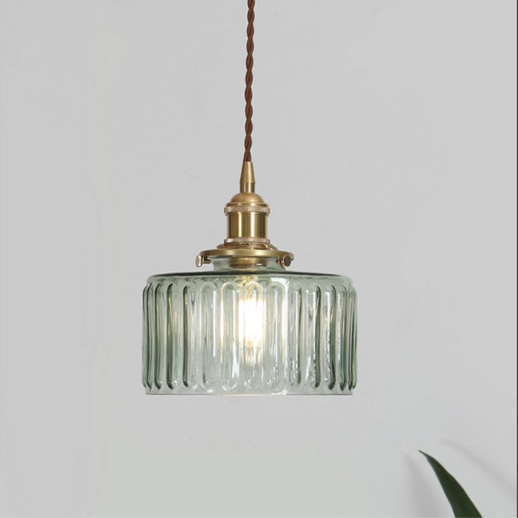Vintage Japanese Brass and Glass Round Pendant Light with One Bulb