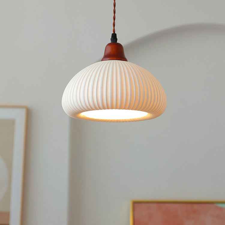 Vintage Japanese Ceramic Round Dome Pendant Light with Pleated Design and Wooden Accents - Cendre Home