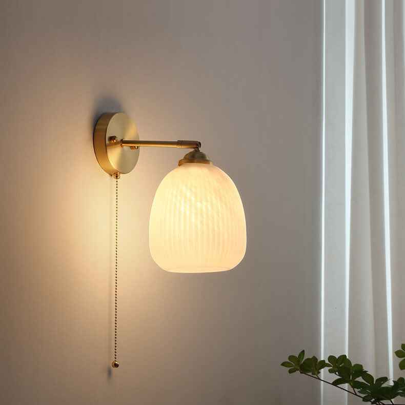 Nordic Style White Glass and Brass 1-Light Wall Sconce with Pull Cord