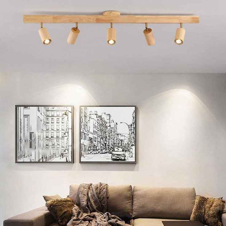 Japanese Minimalist LED Wooden Track Lighting - Semi-Flush Mount Ceiling Light (2/3/4/5 Lights)