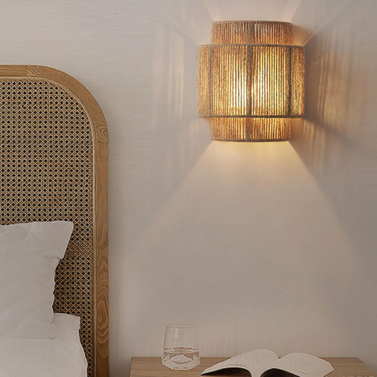 Curved 1-Light Wall Sconce Lamp with Traditional Japanese Rope Weaving for Living Room
