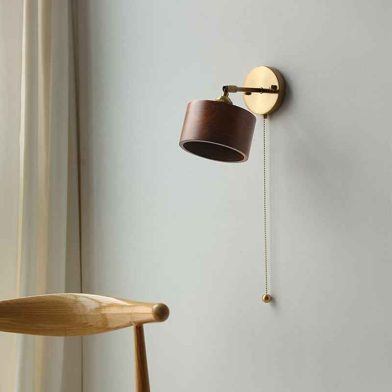 Modern Scandinavian Round Cone Dome Copper and Wood 1-Light Wall Sconce for Bedroom