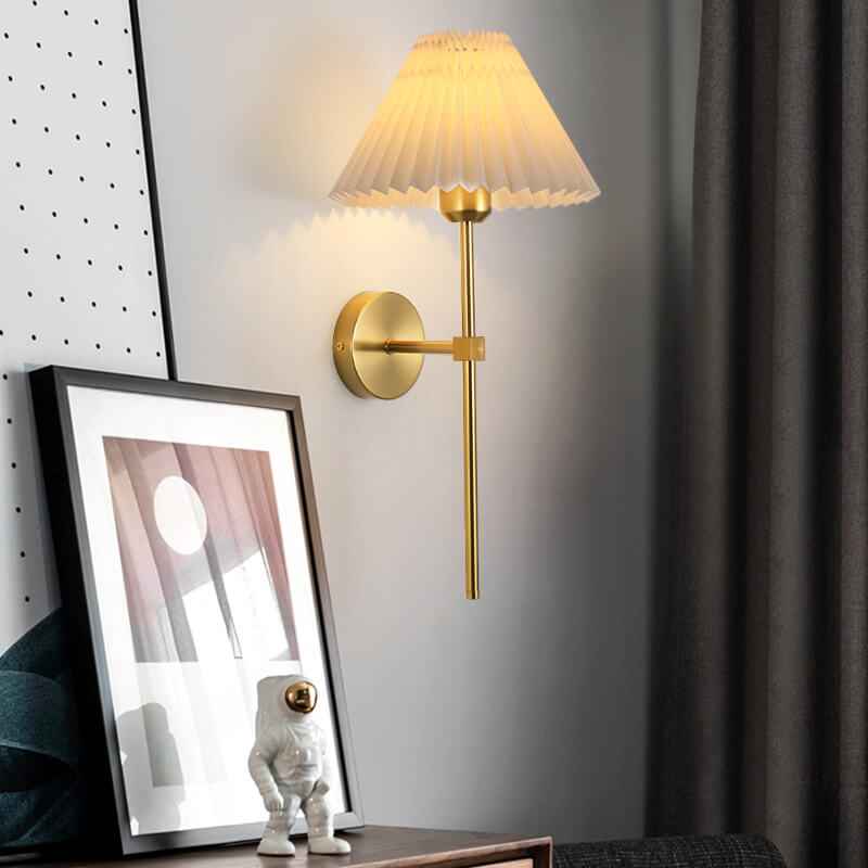 Retro Pleated Fabric Shade Wall Sconce Lamp with Straight Arm - 1-Light