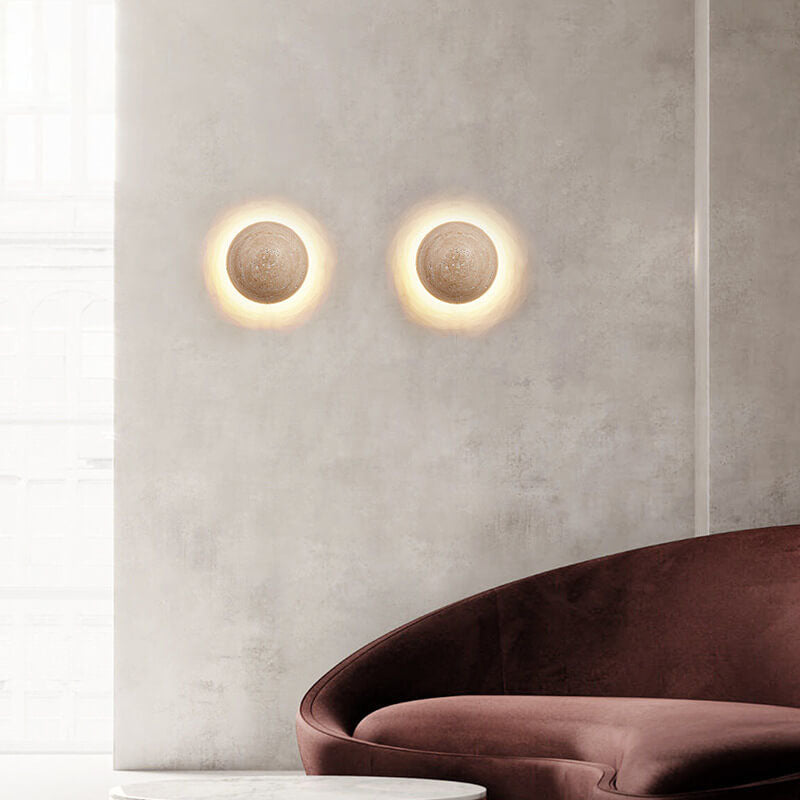 Minimalist Japanese Round Yellow Travertine Wabi-Sabi LED Wall Sconce