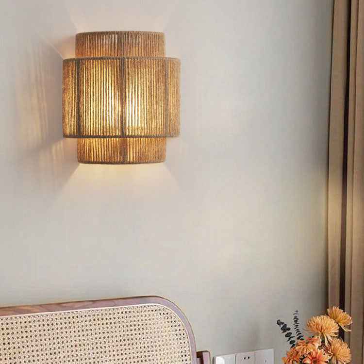 Curved 1-Light Wall Sconce Lamp with Traditional Japanese Rope Weaving for Living Room