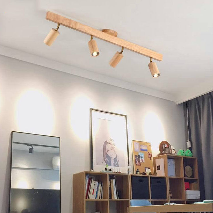 Japanese Minimalist LED Wooden Track Lighting - Semi-Flush Mount Ceiling Light (2/3/4/5 Lights)
