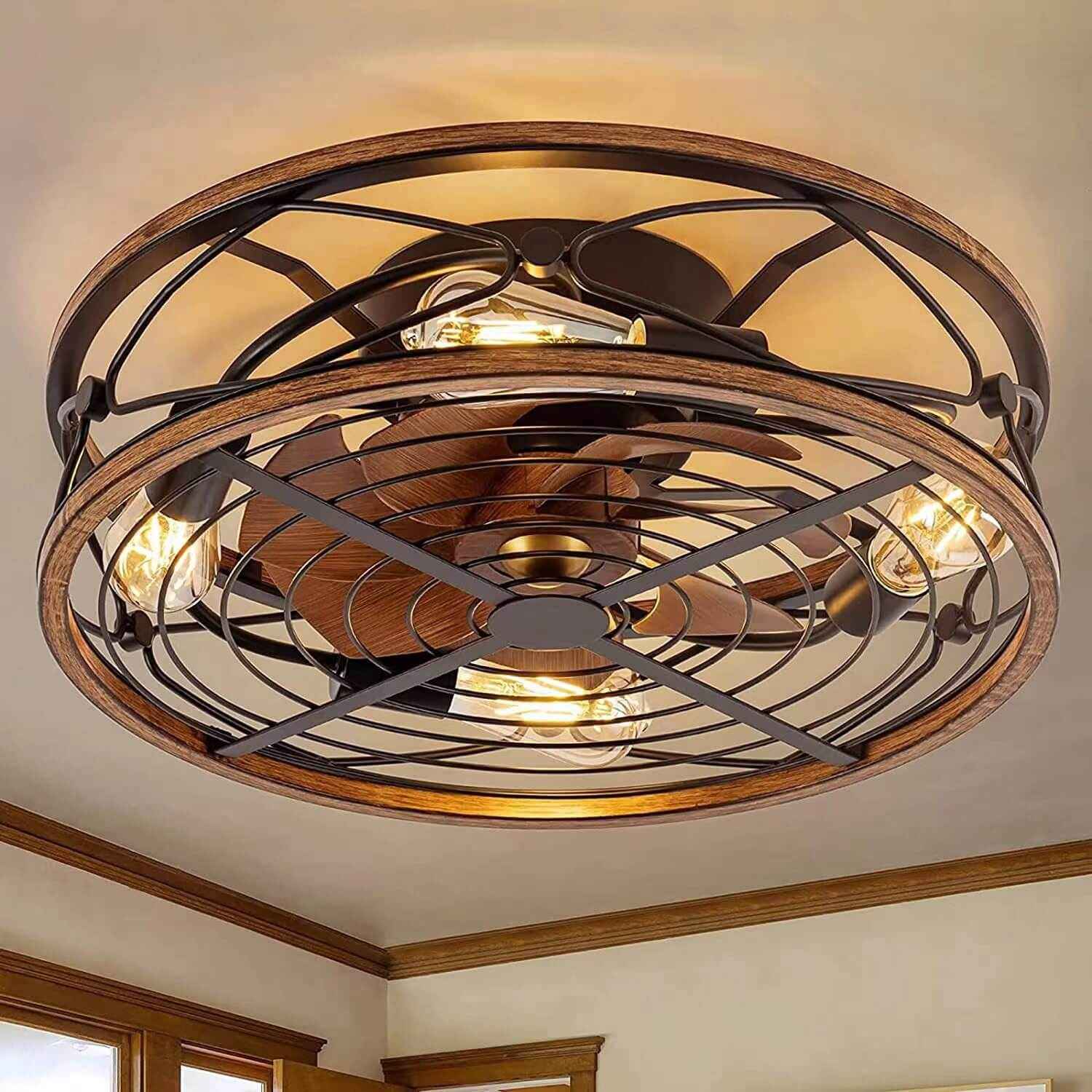 Nordic Industrial Wrought Iron 4-Light Flush Mount Ceiling Fan with Invisible Design