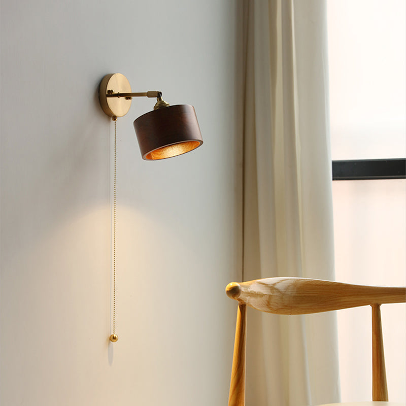 Modern Scandinavian Round Cone Dome Copper and Wood 1-Light Wall Sconce for Bedroom