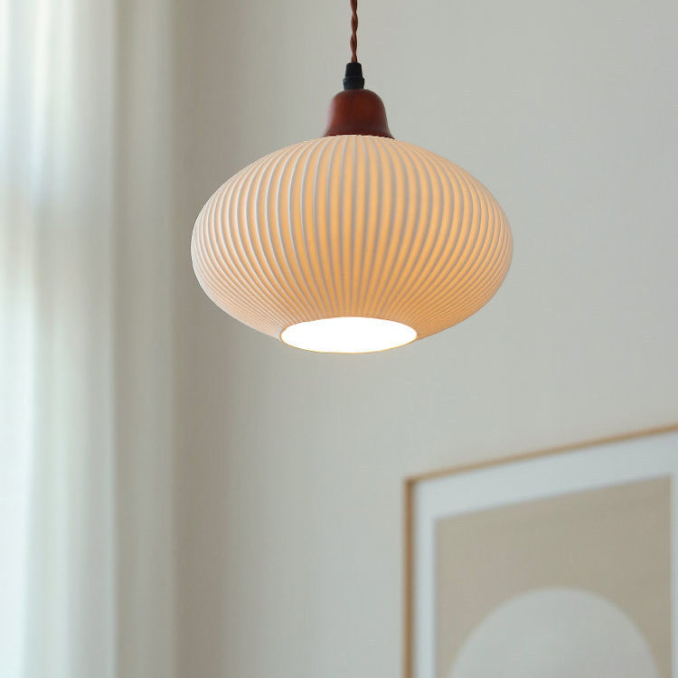 Vintage Japanese Ceramic Round Dome Pendant Light with Pleated Design and Wooden Accents - Cendre Home