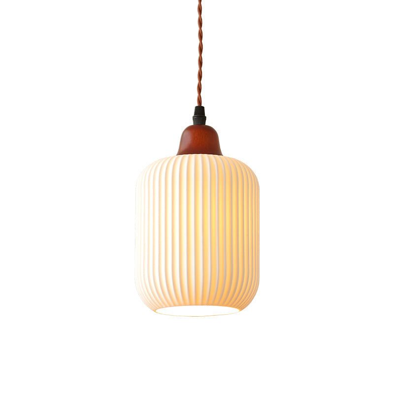 Vintage Japanese Ceramic Round Dome Pendant Light with Pleated Design and Wooden Accents - Cendre Home