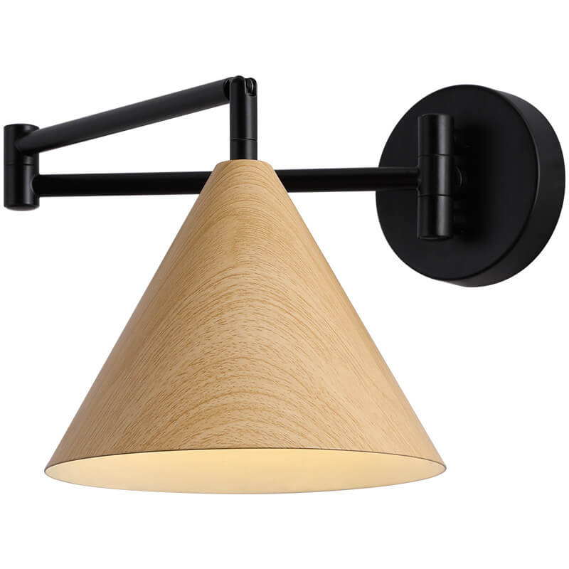 Nordic Minimalist Cone Swing Arm Wall Sconce - Wood Grain Iron, 1-Light