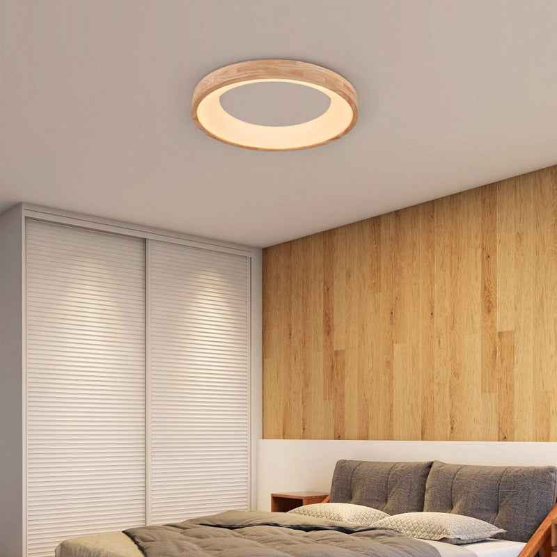Round LED Flush Mount Ceiling Light in Nordic Minimalist Log Wood Design