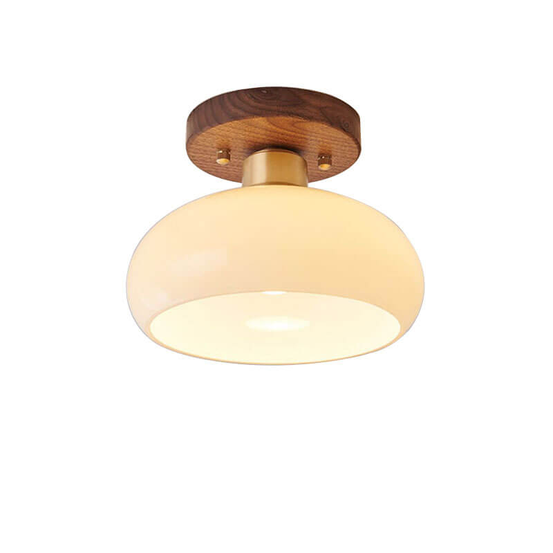 Artistic Vintage Walnut and Brass Round Semi-Flush Mount Ceiling Light with One Bulb