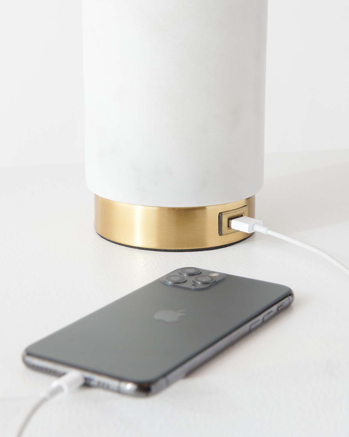 Arden USB Table Lamp | White Marble Body, Brass Details