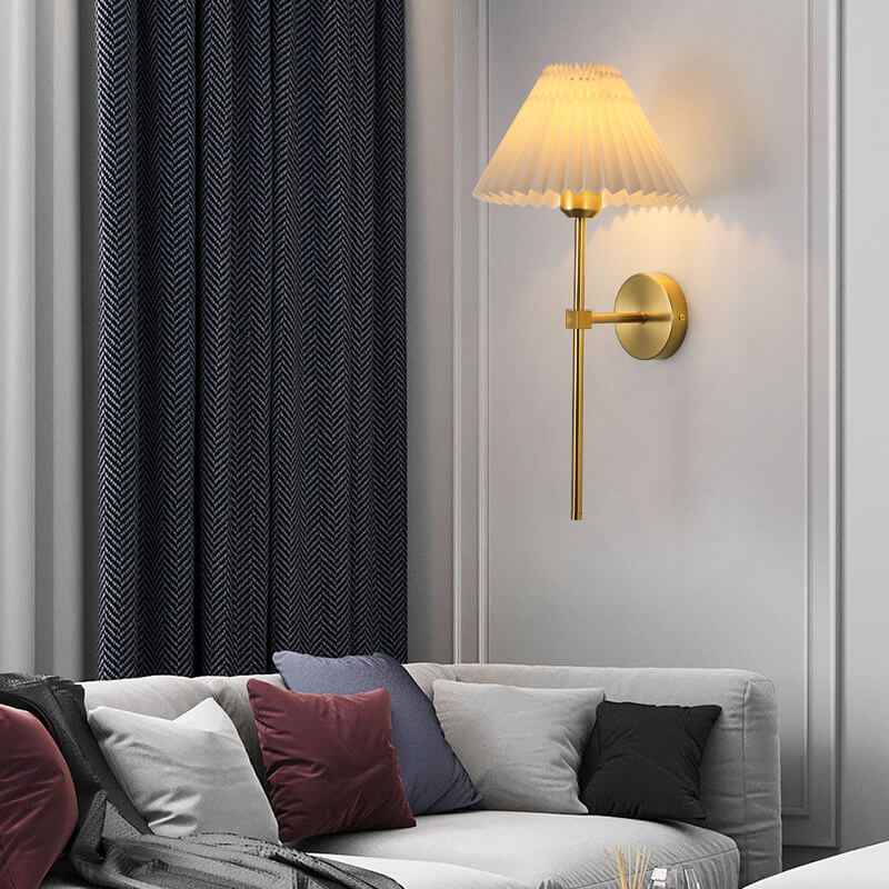 Retro Pleated Fabric Shade Wall Sconce Lamp with Straight Arm - 1-Light