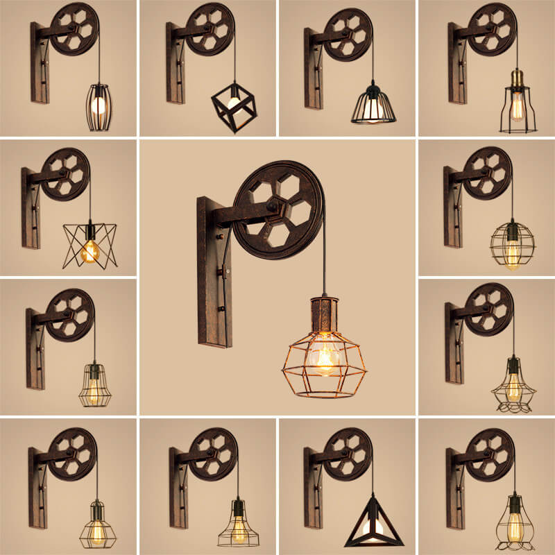 Retro Industrial Iron Wall Sconce Lamp with Single Pulley Light