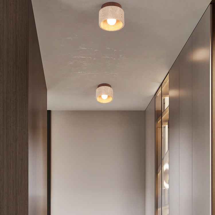 Japanese Wabi-Sabi Yellow Travertine Wood Column 1-Light Semi-Flush Ceiling Fixture