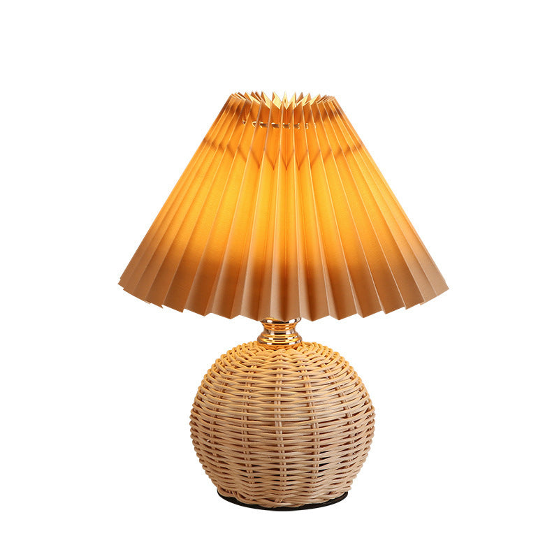 Modern Nordic Rattan Fabric Pleated Conical LED Table Lamp for Bedroom