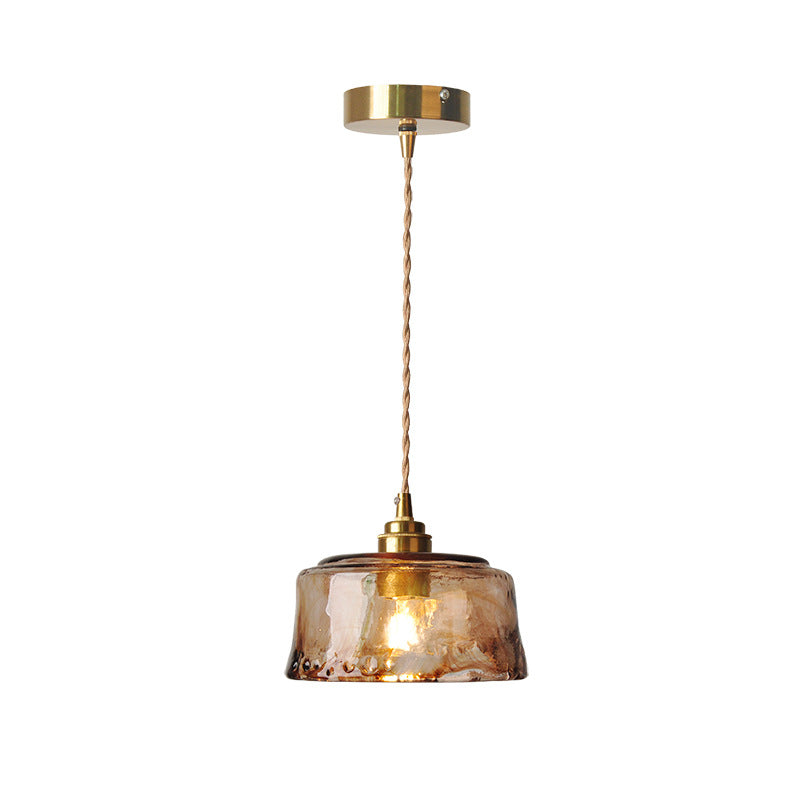 Retro Amber Glass Drum Pendant Light with Brass Accent - 1-Light