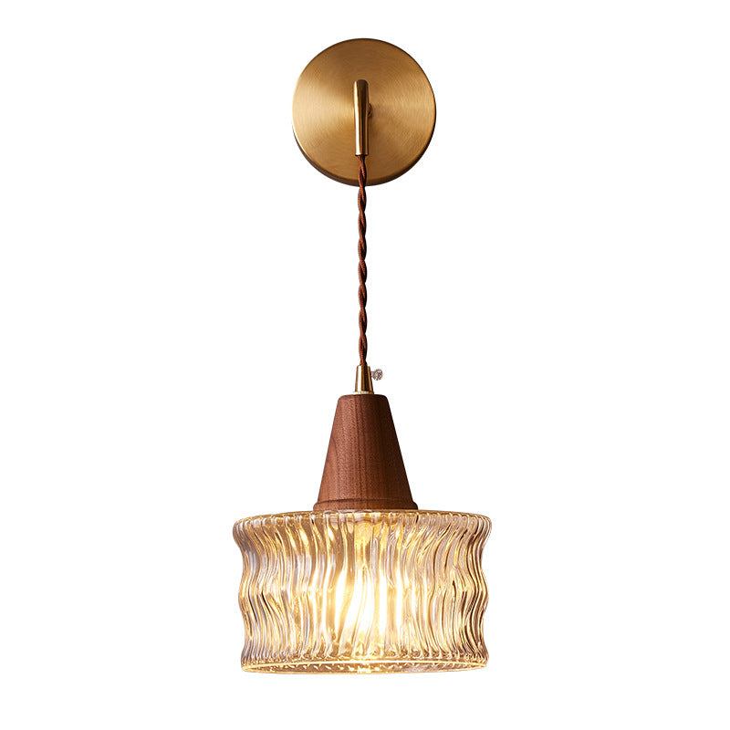 1-Light Wall Sconce Lamp with Japanese Walnut, Glass, and Copper Cylinder Design