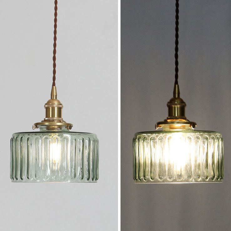 Vintage Japanese Brass and Glass Round Pendant Light with One Bulb