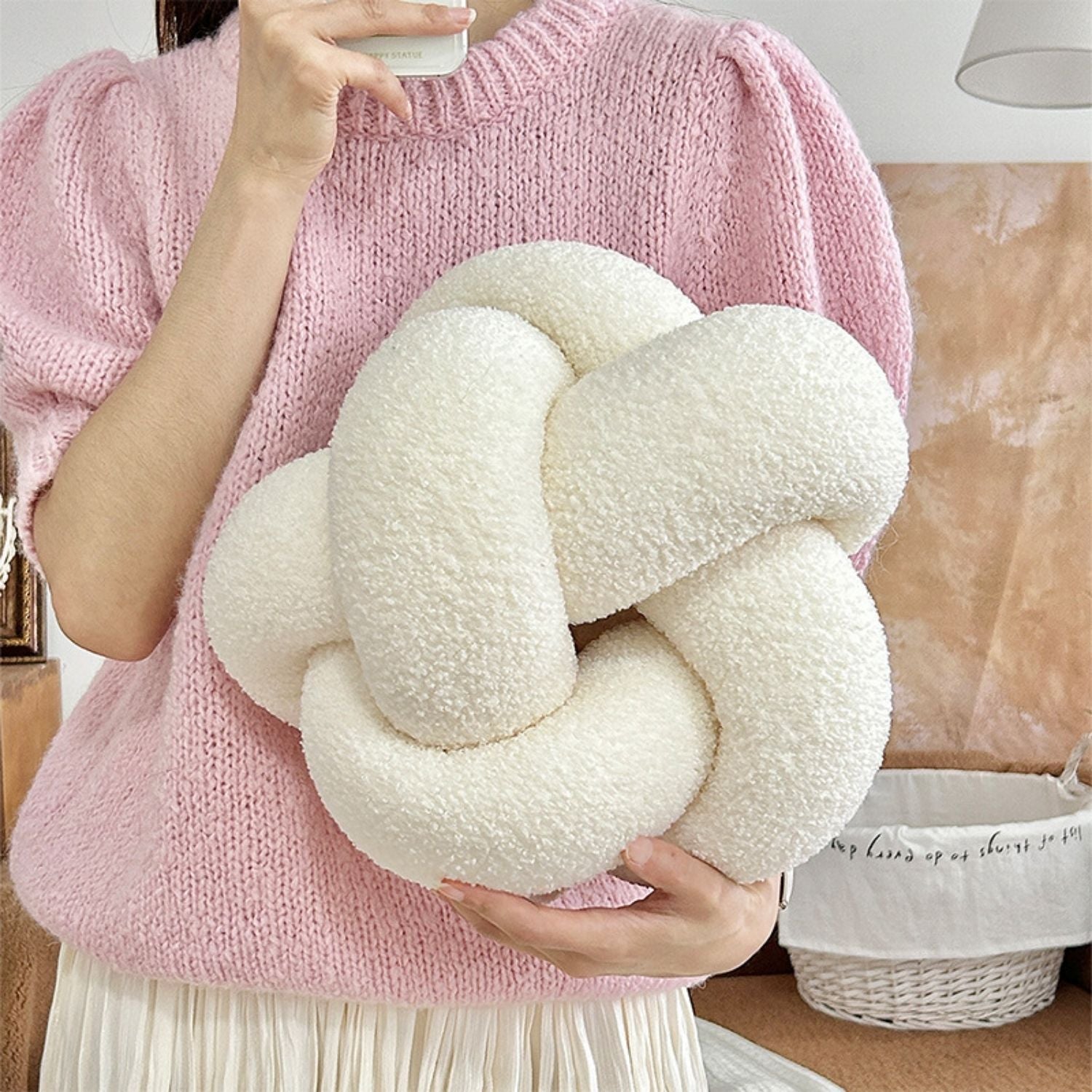 Bela Bouclé Knot Cushion | Soft Lamb-Like Texture, Elegant Nude