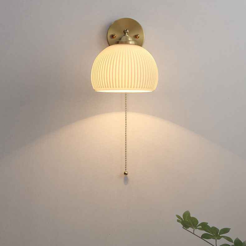 Nordic Style White Glass and Brass 1-Light Wall Sconce with Pull Cord