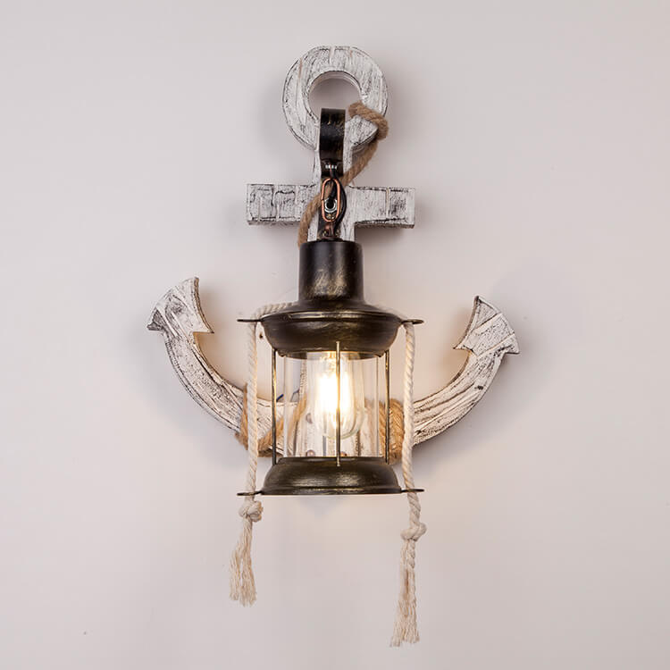 Rustic Industrial Wooden Wall Sconce Lamp with Vintage Boat Anchor Design - 1-Light