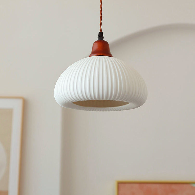 Vintage Japanese Ceramic Round Dome Pendant Light with Pleated Design and Wooden Accents - Cendre Home