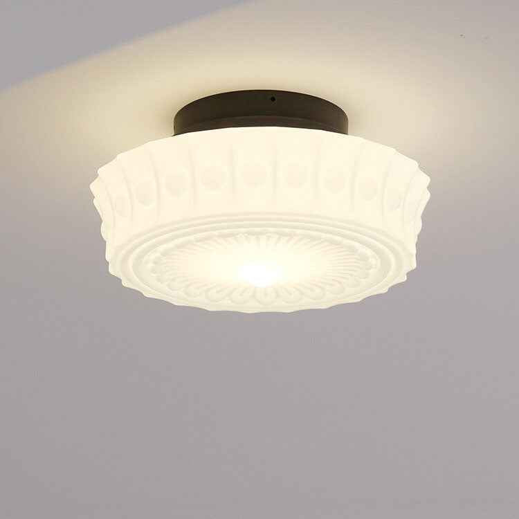 Vintage French White Jade Glass Striped Round Drum LED Semi-Flush Mount Ceiling Light