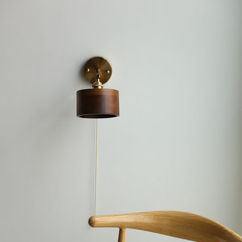 Modern Scandinavian Round Cone Dome Copper and Wood 1-Light Wall Sconce for Bedroom