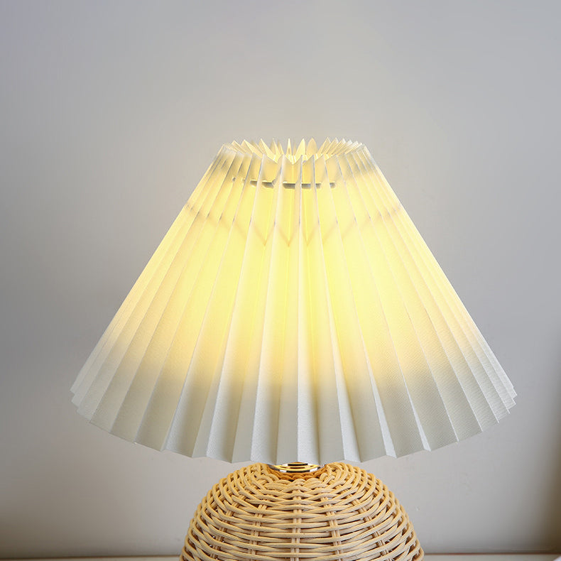 Modern Nordic Rattan Fabric Pleated Conical LED Table Lamp for Bedroom