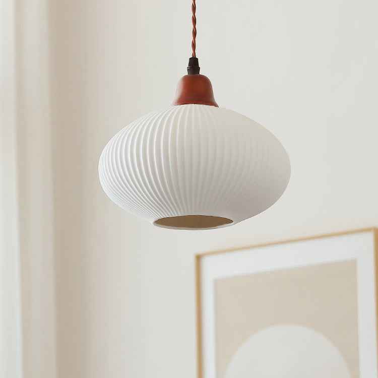 Vintage Japanese Ceramic Round Dome Pendant Light with Pleated Design and Wooden Accents - Cendre Home