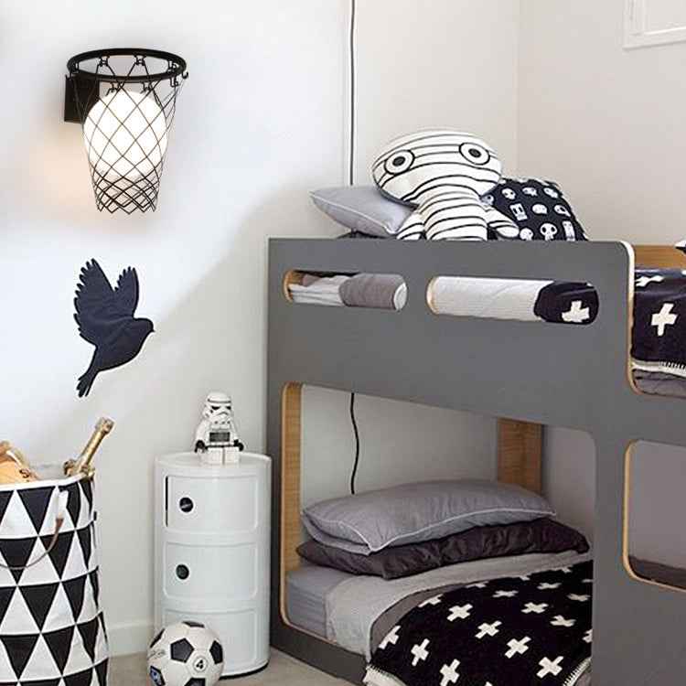 Contemporary Art Deco Kids' Iron and Glass Basketball Hoop Wall Sconce Lamp - 1-Light Design for Bedroom