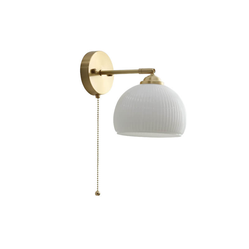 Nordic Style White Glass and Brass 1-Light Wall Sconce with Pull Cord