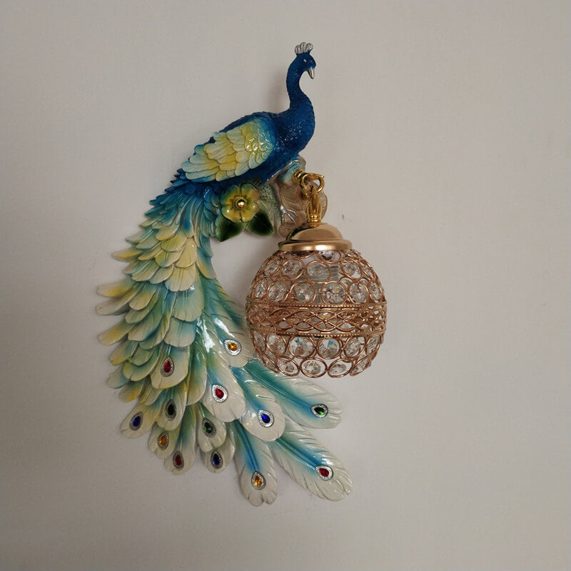 Elegant Vintage Resin Peacock Wall Sconce Lamp with Crystal Ball Shade - 1-Light