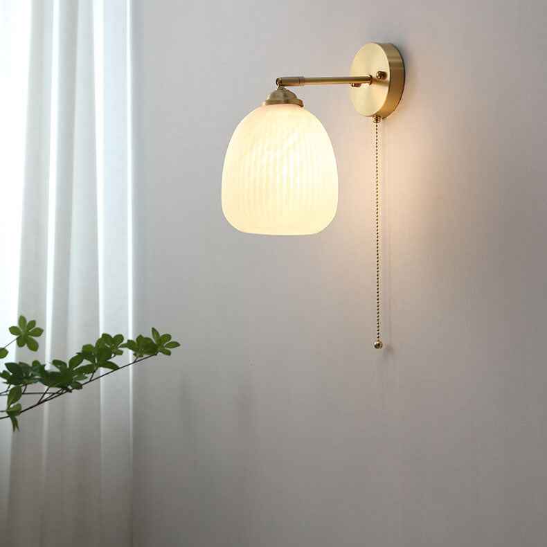 Nordic Style White Glass and Brass 1-Light Wall Sconce with Pull Cord