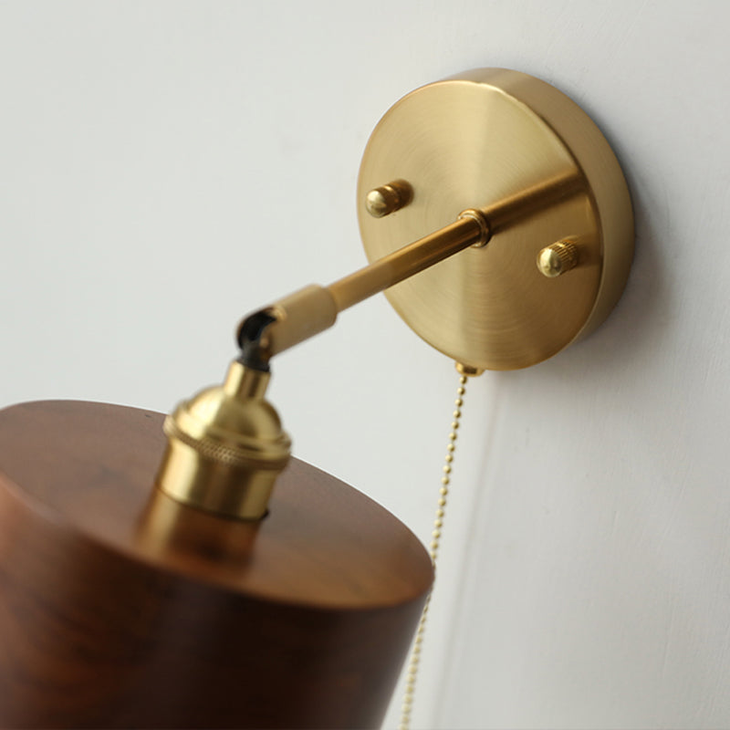 Modern Scandinavian Round Cone Dome Copper and Wood 1-Light Wall Sconce for Bedroom