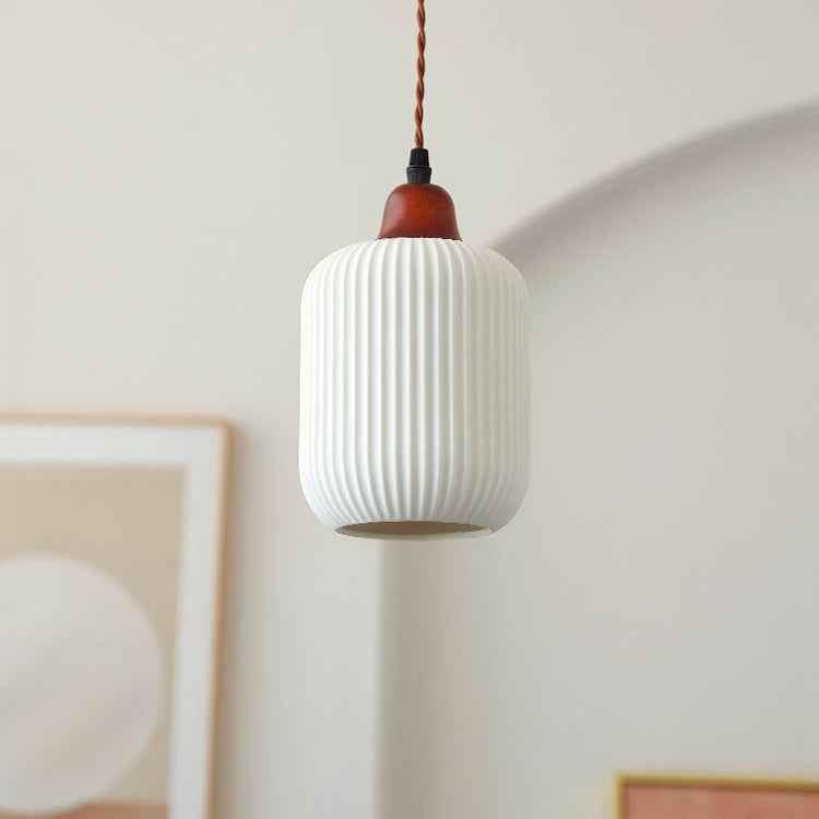 Vintage Japanese Ceramic Round Dome Pendant Light with Pleated Design and Wooden Accents - Cendre Home
