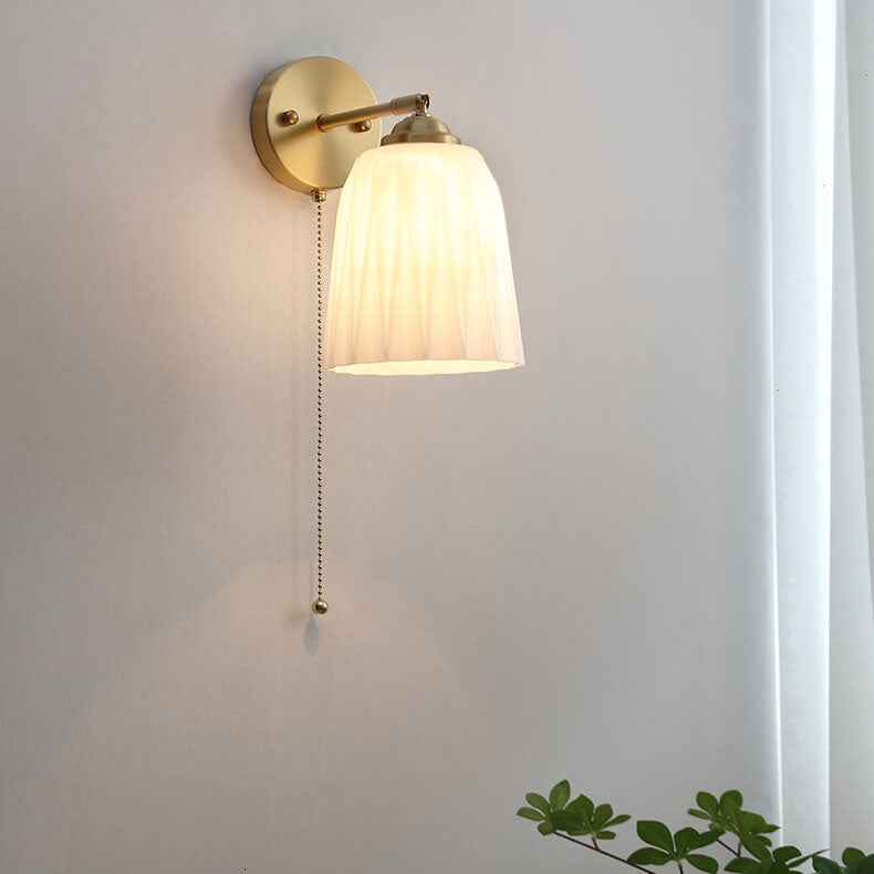Nordic Style White Glass and Brass 1-Light Wall Sconce with Pull Cord