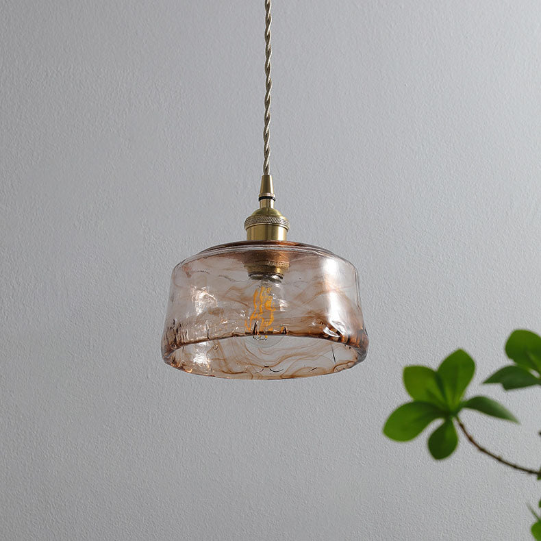 Retro Amber Glass Drum Pendant Light with Brass Accent - 1-Light
