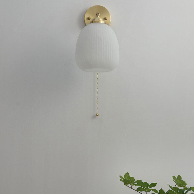 Nordic Style White Glass and Brass 1-Light Wall Sconce with Pull Cord