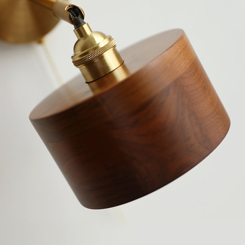 Modern Scandinavian Round Cone Dome Copper and Wood 1-Light Wall Sconce for Bedroom