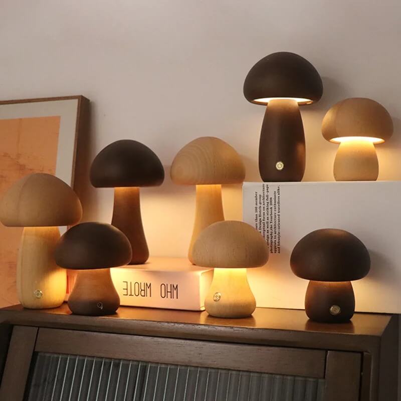 Boreal Mushroom Lamp | Natural Wood, Touch Control Dimming