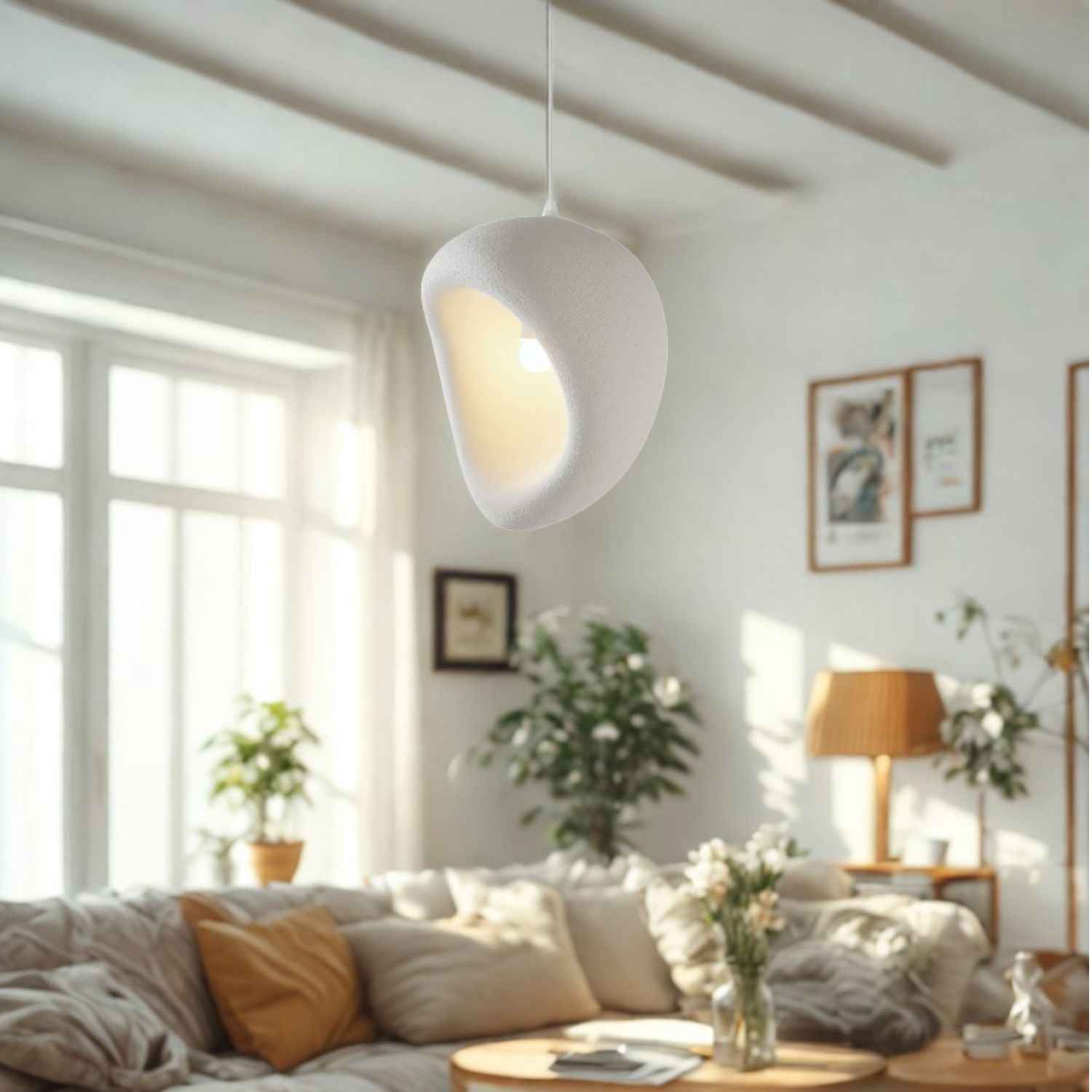 Ovo – Cream Beige Japandi Pendant Hanging Lamp 150cm - Cendre Home