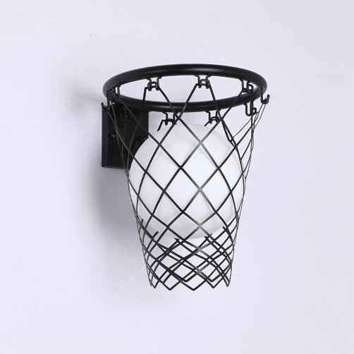 Contemporary Art Deco Kids' Iron and Glass Basketball Hoop Wall Sconce Lamp - 1-Light Design for Bedroom