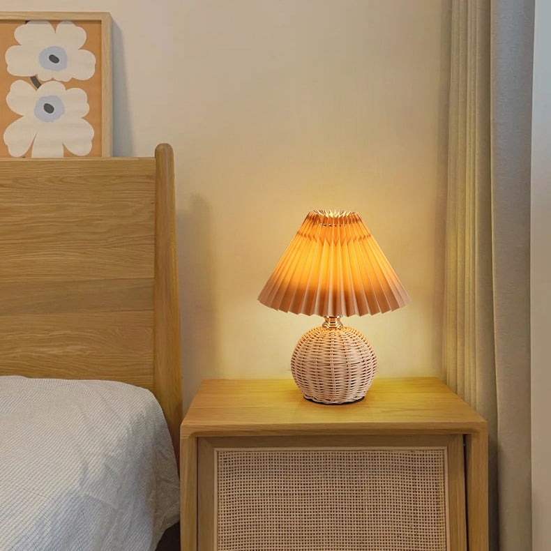 Modern Nordic Rattan Fabric Pleated Conical LED Table Lamp for Bedroom