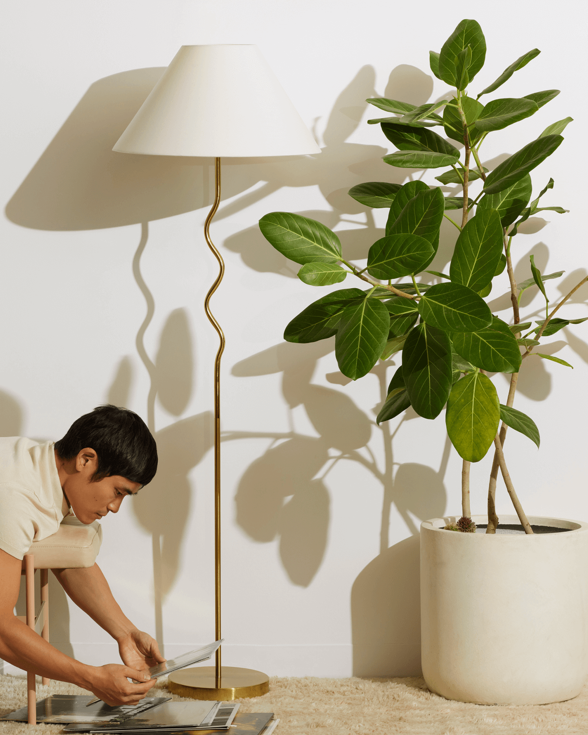 Curva Squiggle Floor Lamp | White Fabric Shade, Curvy Stem