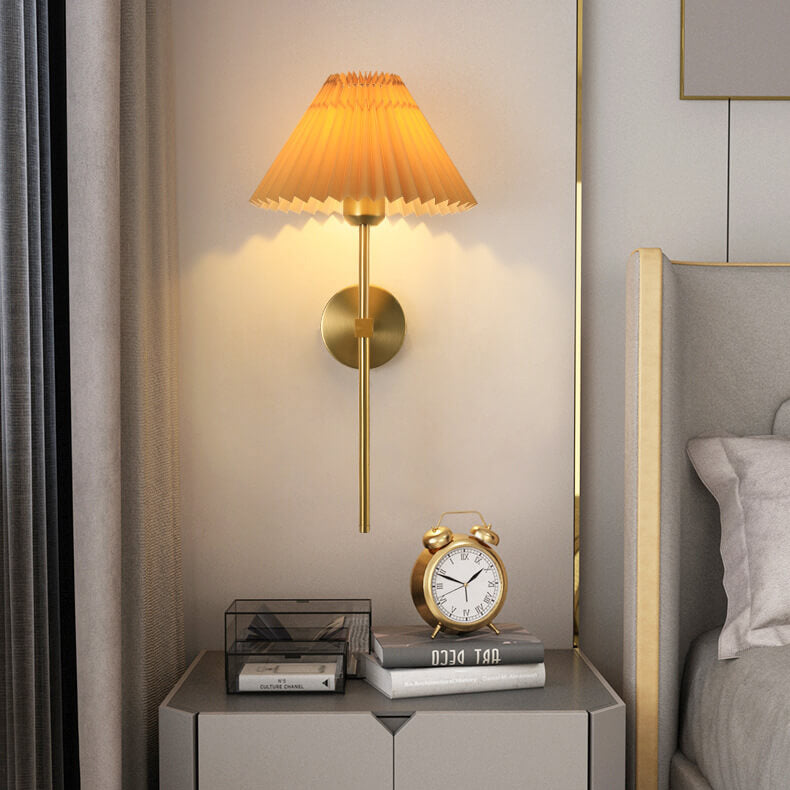 Retro Pleated Fabric Shade Wall Sconce Lamp with Straight Arm - 1-Light